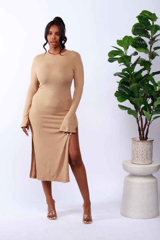Long-Sleeve Split Midi Dress