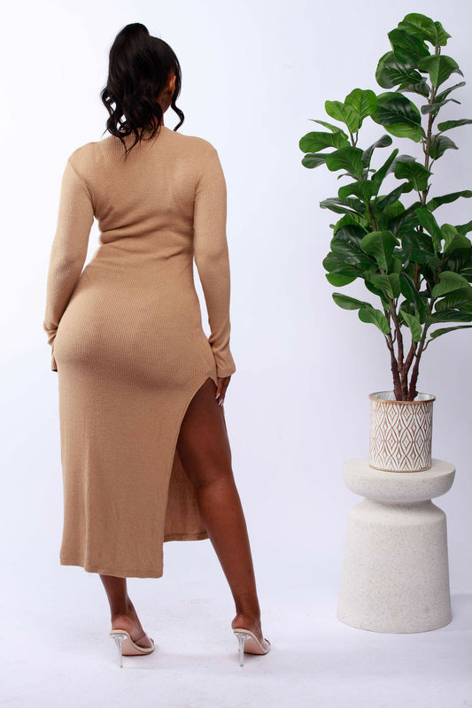 Long-Sleeve Split Midi Dress
