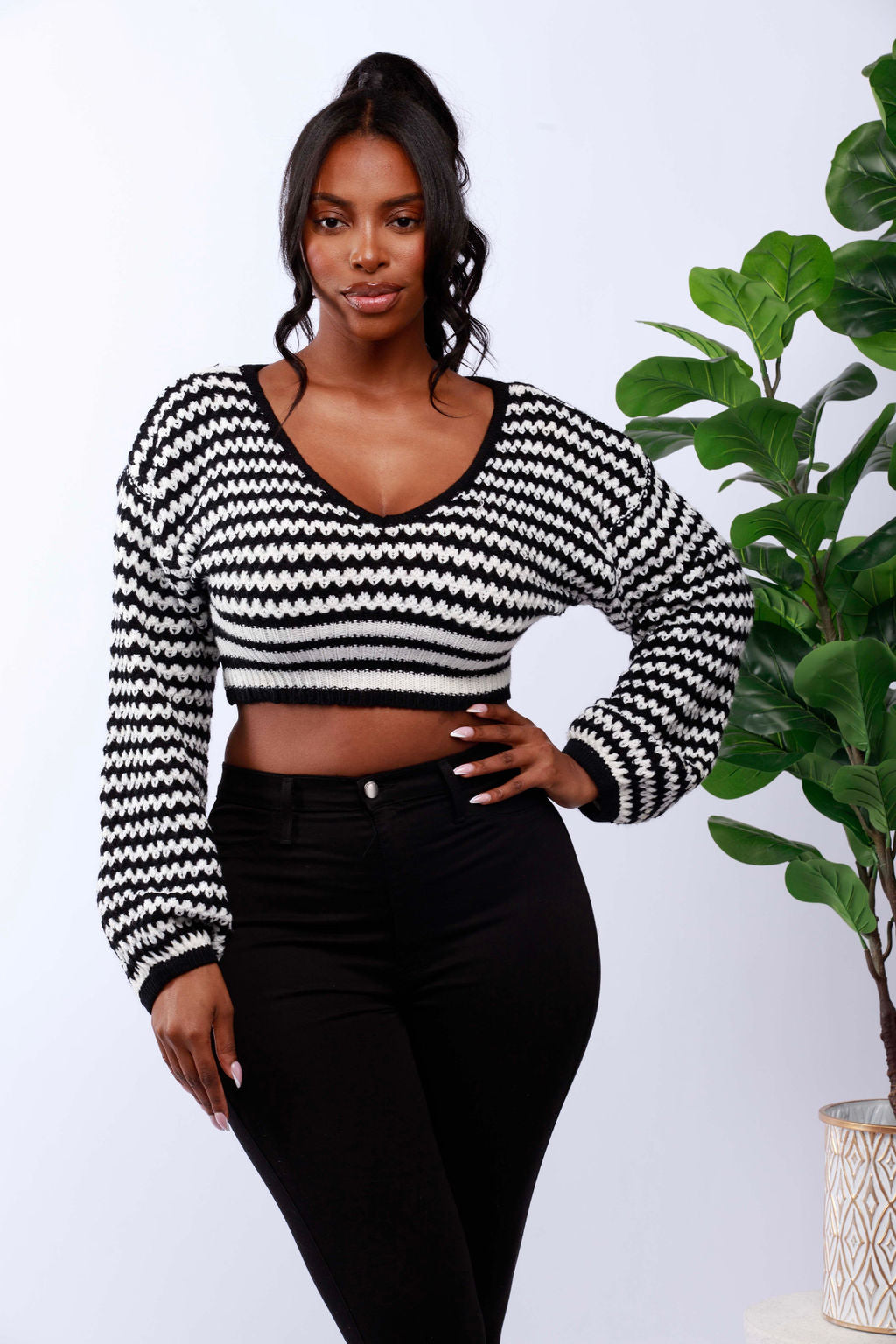 Striped Long-Sleeve Crop Sweater